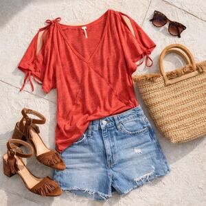 Free People Coral Cold Shoulder Boho Top Flutter Sleeve Linen Blend M